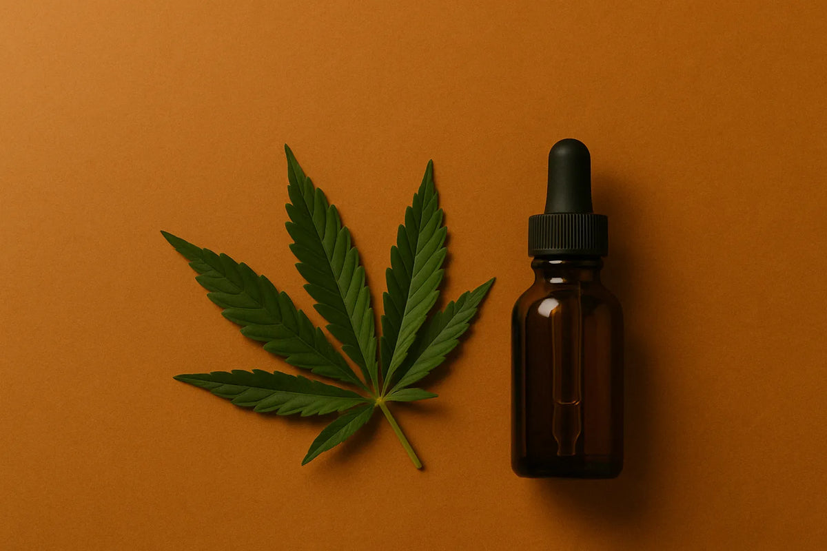 Feuille de Cannabis et flacon compte-gouttes ambré sur fond orange chaleureux