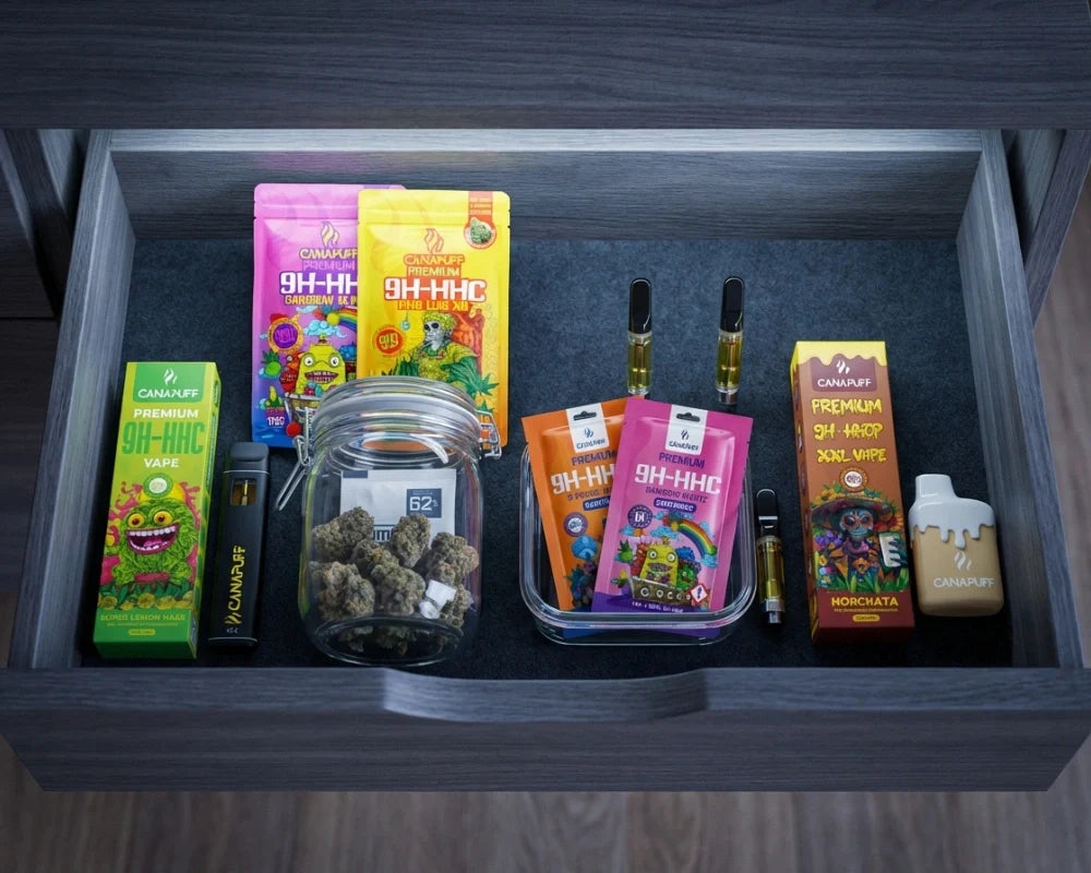 Canapuff 9H-HHC products displayed in drawer: vapes, pouches, flower jar, cartridges and disposables