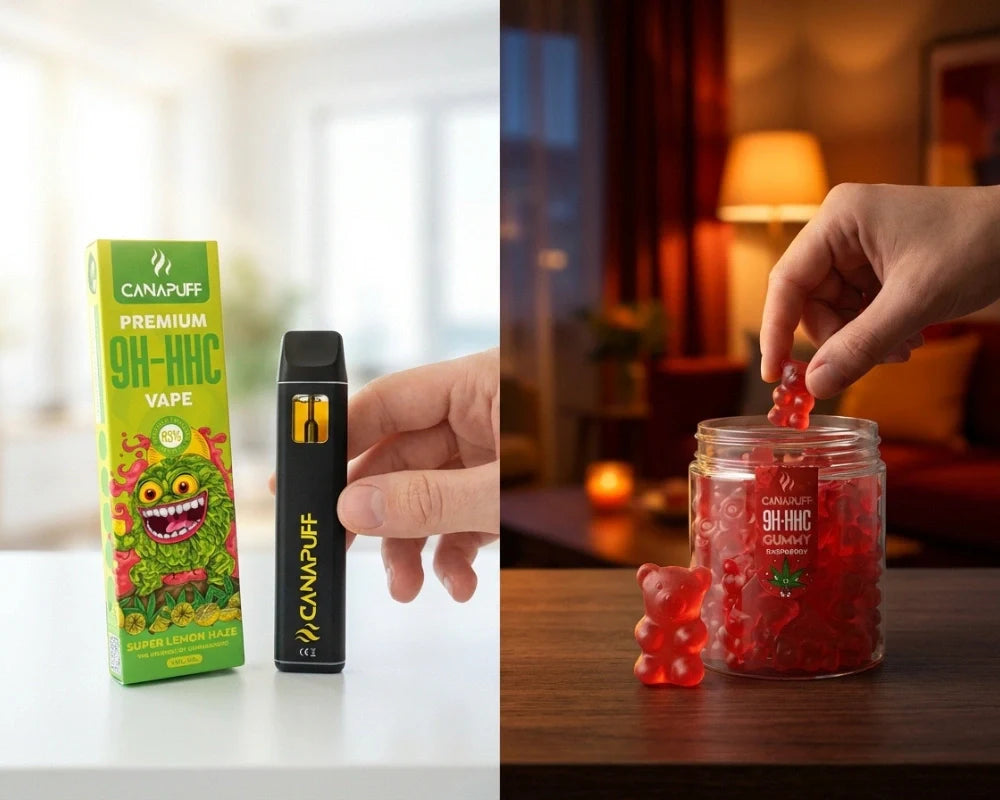 Canapuff 9H-HHC vape and gummy products displayed side by side in lifestyle setting