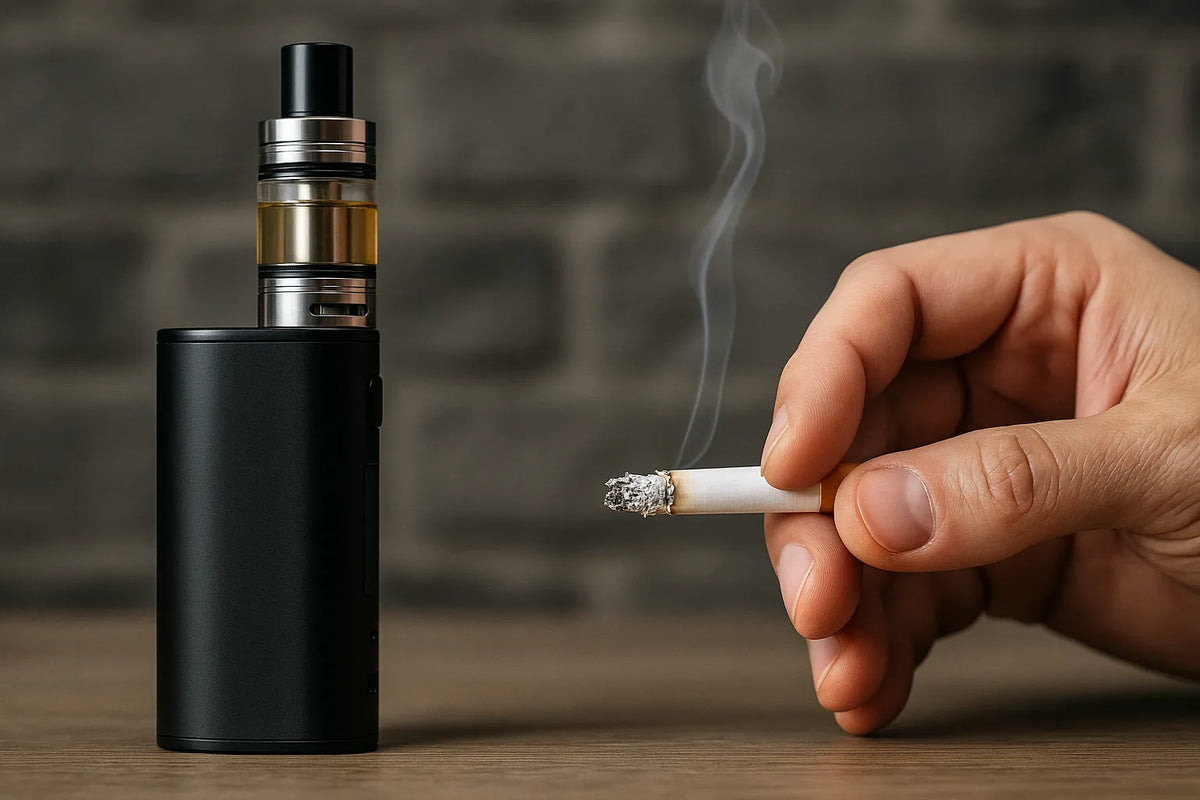 Εικόνα με ένα Vaporizer δίπλα σε ένα χέρι που κρατάει ένα αναμμένο τσιγάρο πάνω σε ξύλινο τραπέζι