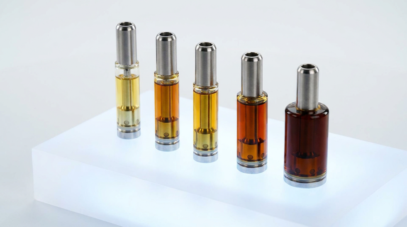 THCv, CBD and CBG9 vape cartridges with amber oil on frosted white surface