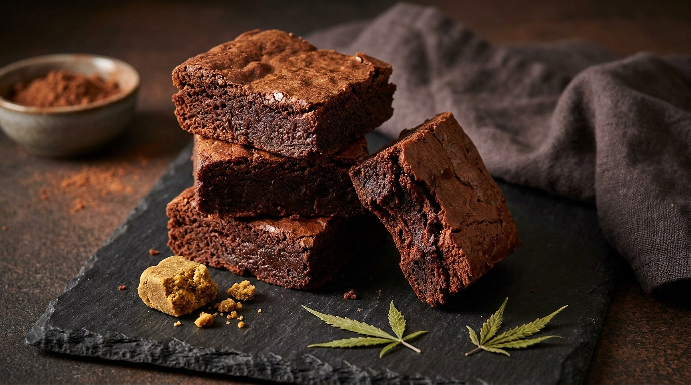 Stack of fudgy chocolate hash brownies on a slate board with a piece of hashish beside them