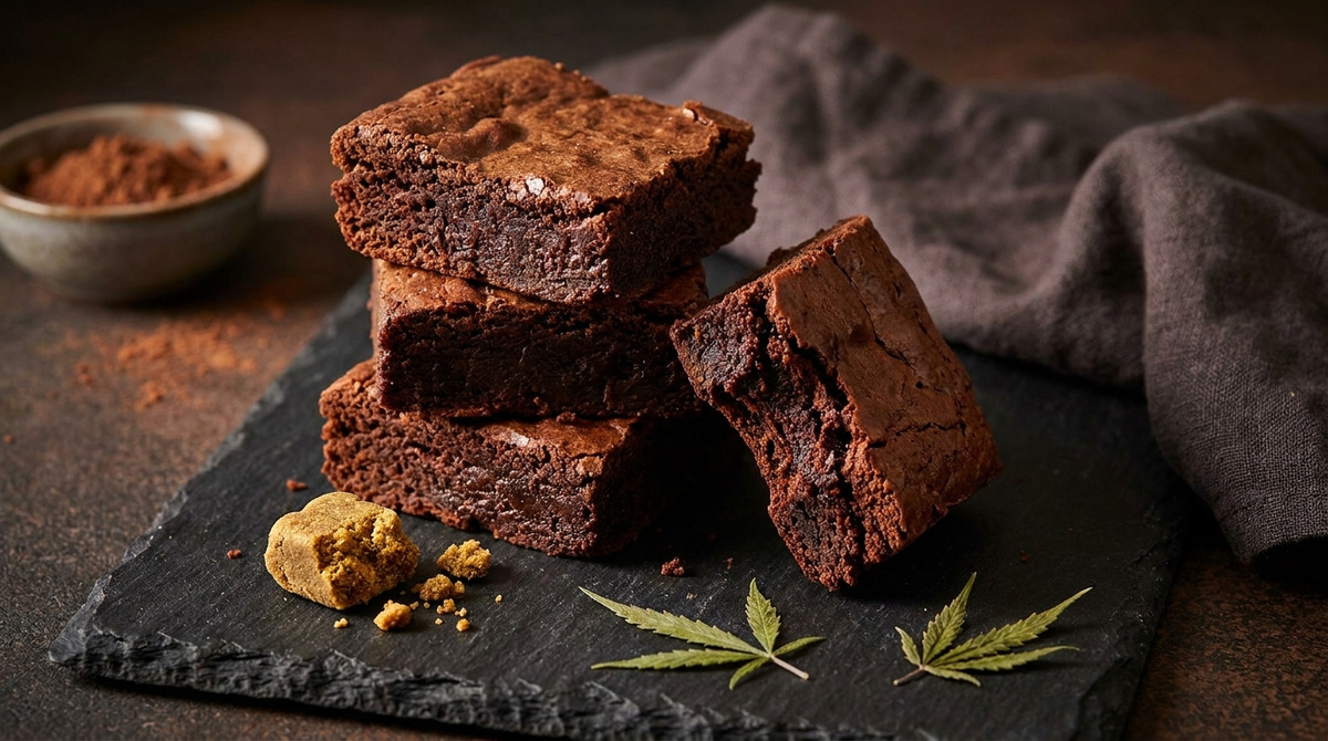 Stack of fudgy chocolate hash brownies on a slate board with a piece of hashish beside them