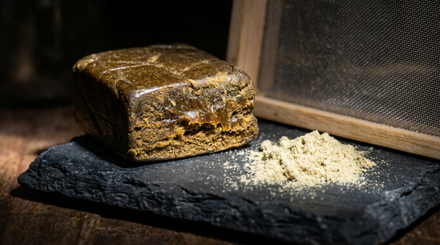 Block aus gepresstem Hash neben losem, hellem Kief und einem feinen Siebgitter auf dunklem Schiefer