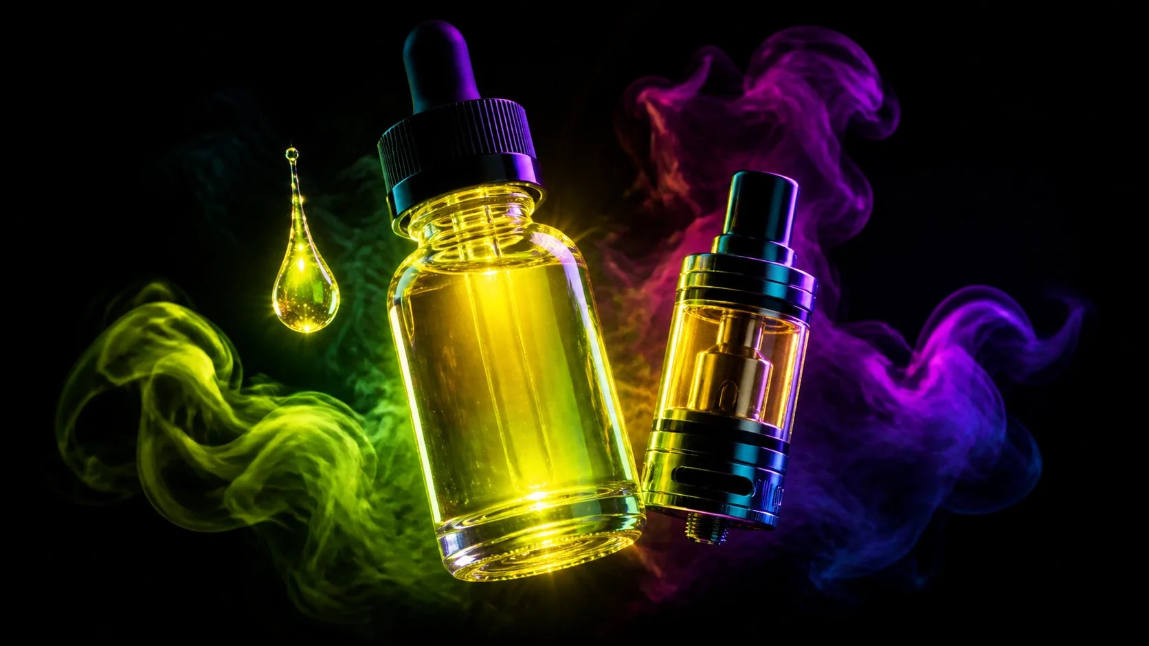 Glowing neon THC vape liquid bottle and refillable tank with colorful smoke