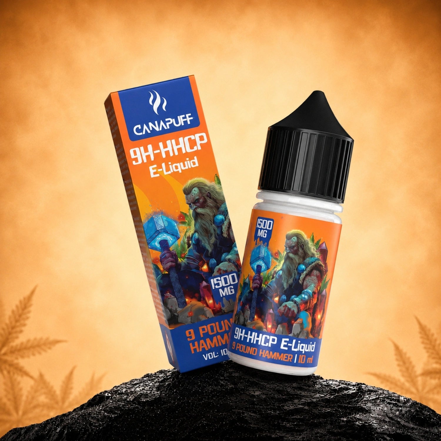Canapuff 9H-HHCP E-Liquid 9 Pound Hammer 1.500mg, 10ml bottle and box