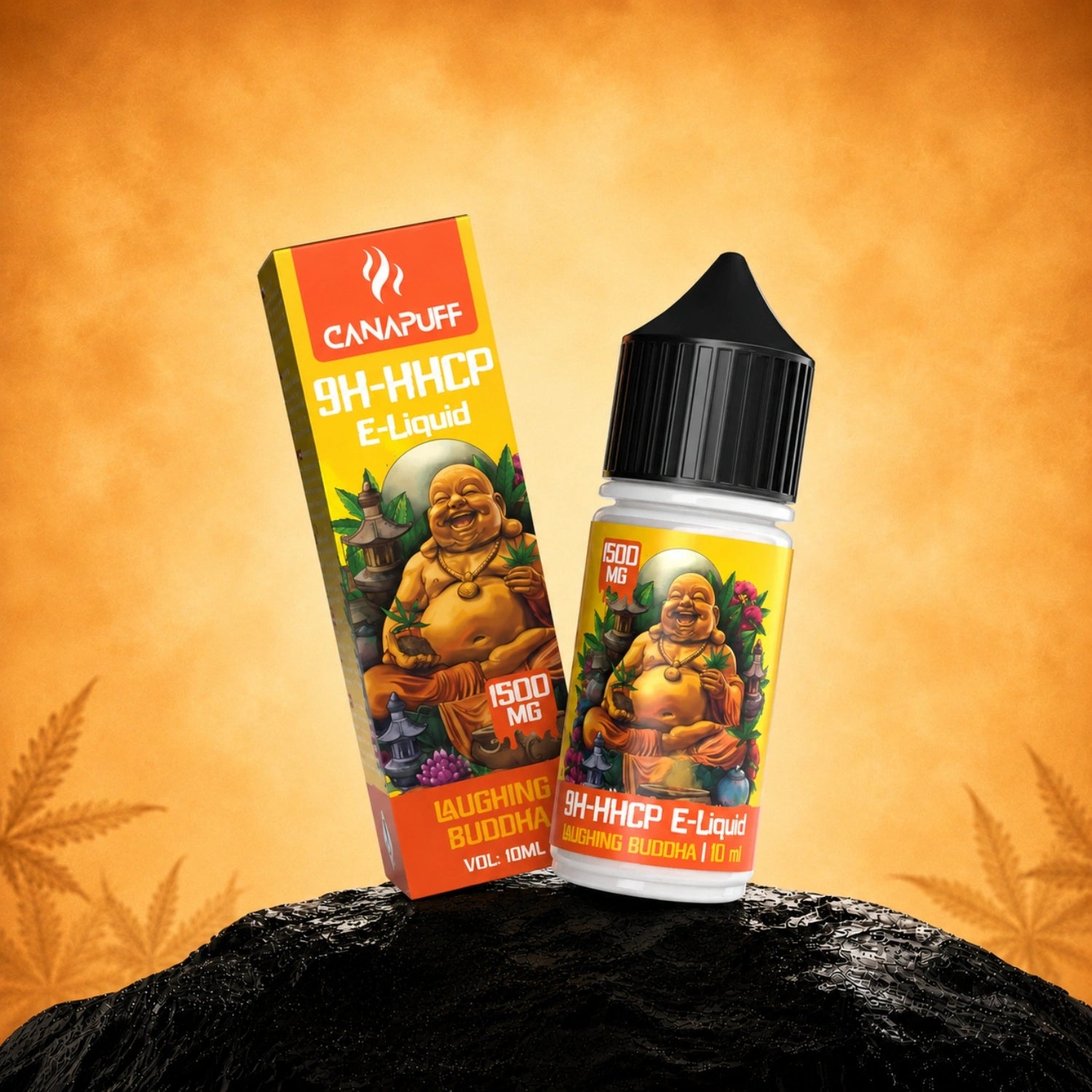 Canapuff 9H-HHCP E-Liquid Laughing Buddha, 1500mg, 10ml bottle and packaging box