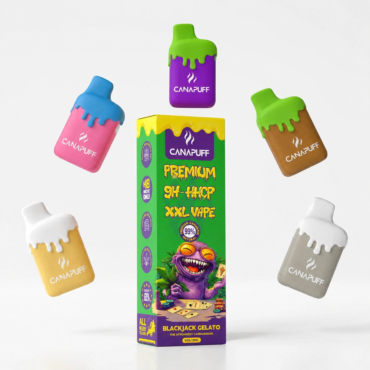 Canapuff 9H-HHCP XXL Vape Blackjack Gelato 99% 2ml disposable pen with colorful product lineup