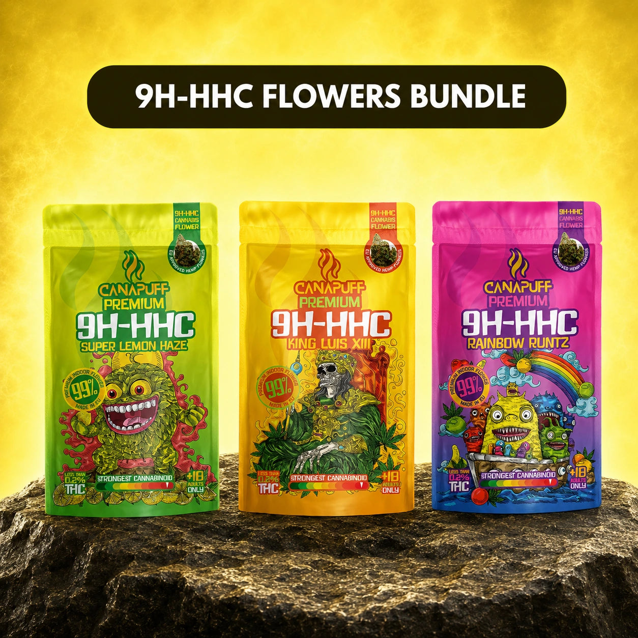 Canapuff 9H-HHC Flowers Bundle with Super Lemon Haze, King Luis XIII, and Rainbow Runtz pouches
