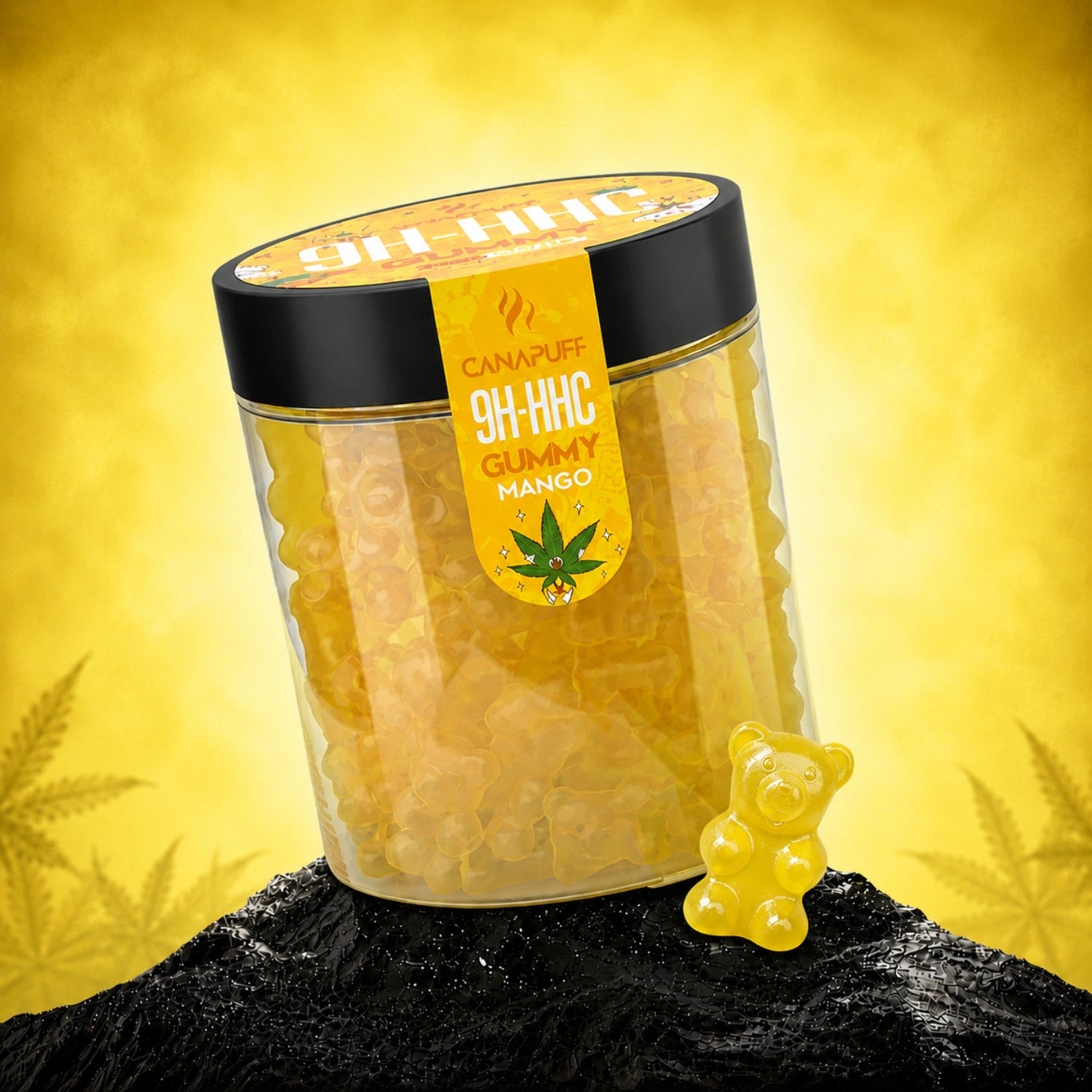Canapuff 9H-HHC Gummies Mango in clear jar with black lid on yellow background
