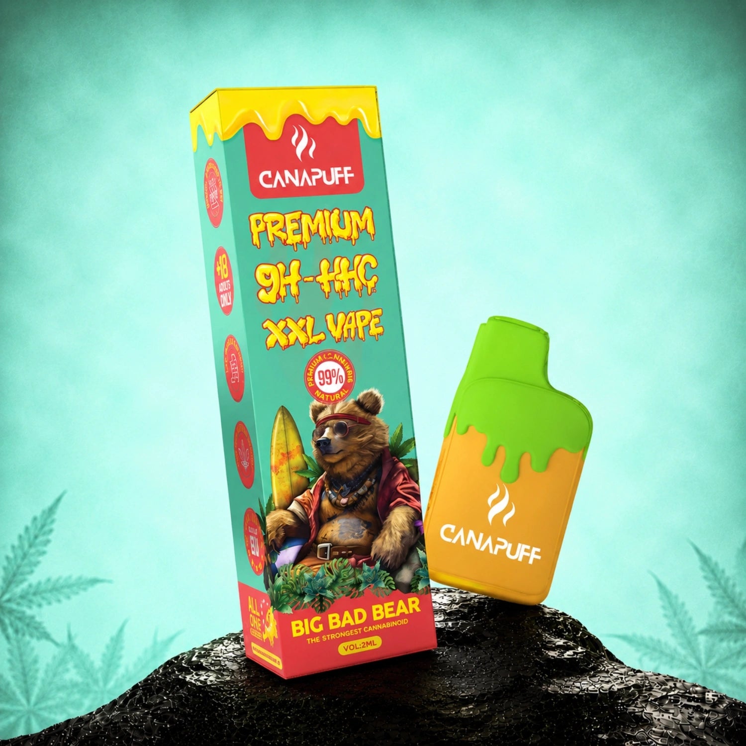 Canapuff 9H-HHC XXL Vape Big Bad Bear 99% 2ml disposable pen with yellow and green packaging