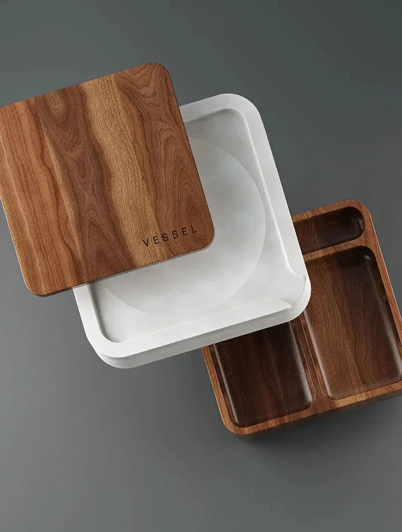 Vessel ashtray walnut with white ceramic interior and wooden lid