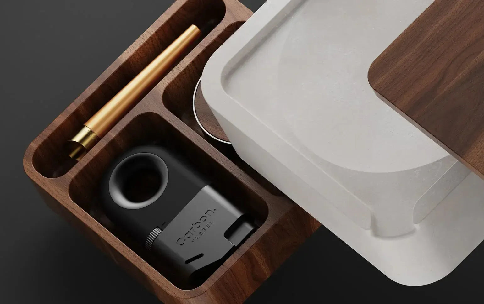 Canapuff walnut ashtray with vape accessory compartments