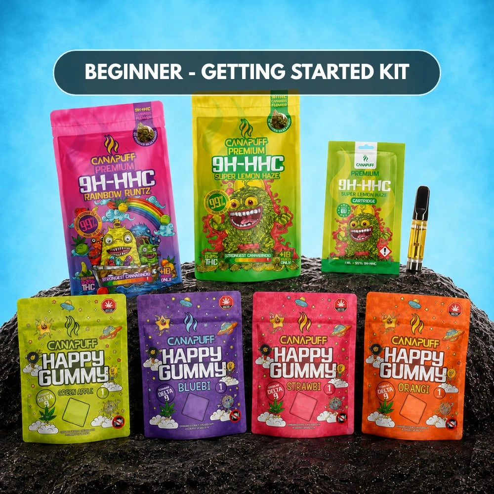 Canapuff Beginner Getting Started Kit with gummies, hard candy, and vape cartridge