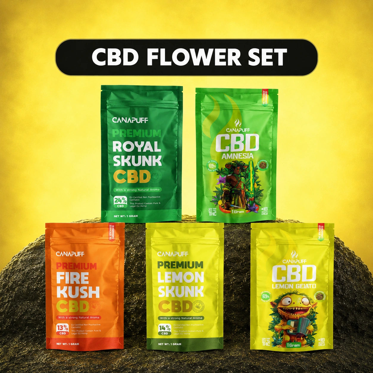 Canapuff CBD Flower Set with five pouches: Royal Skunk, Fire Kush, Lemon Skunk, Amnesia, and Lemon Gelato