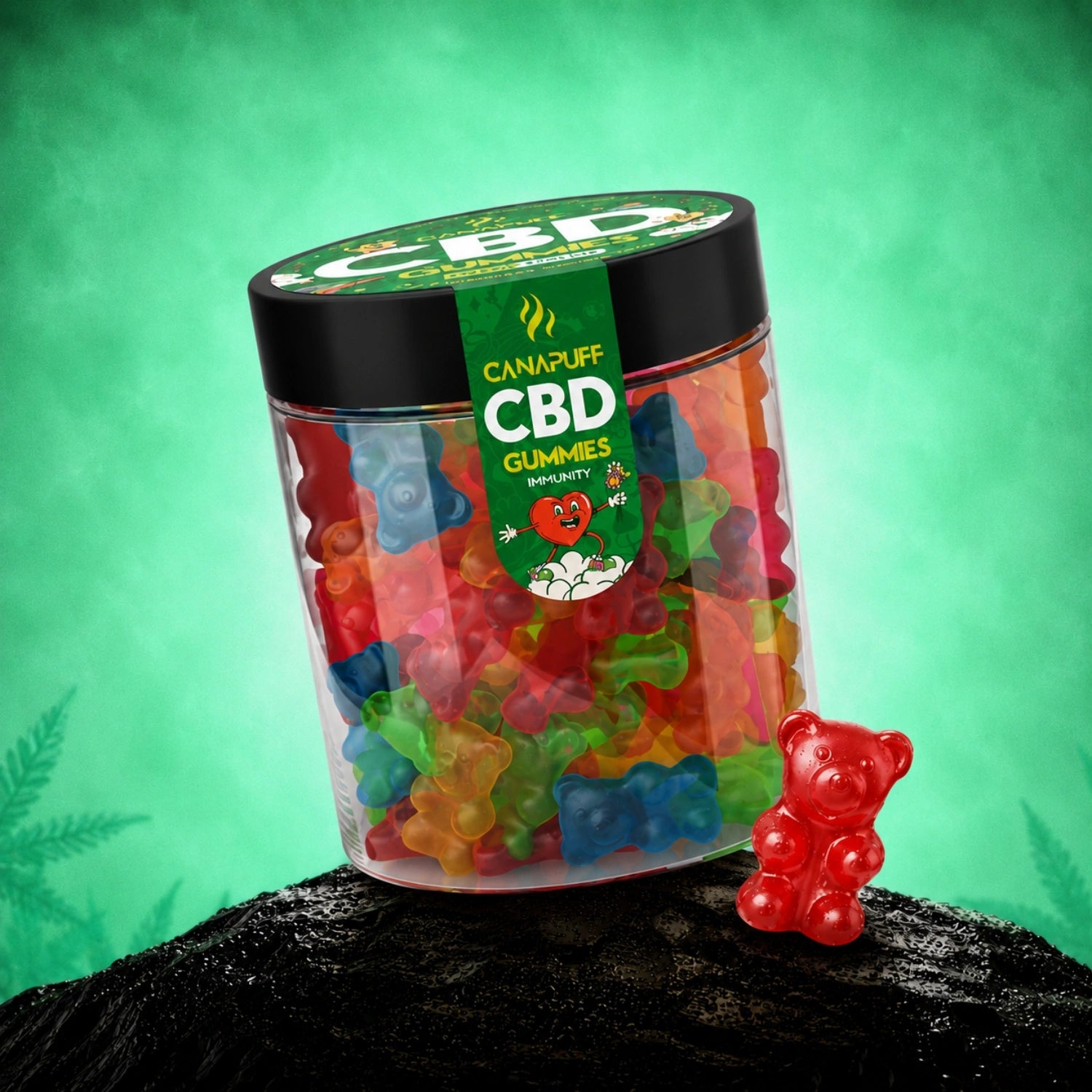 Canapuff CBD Gummies Immunity jar with colorful gummy bears
