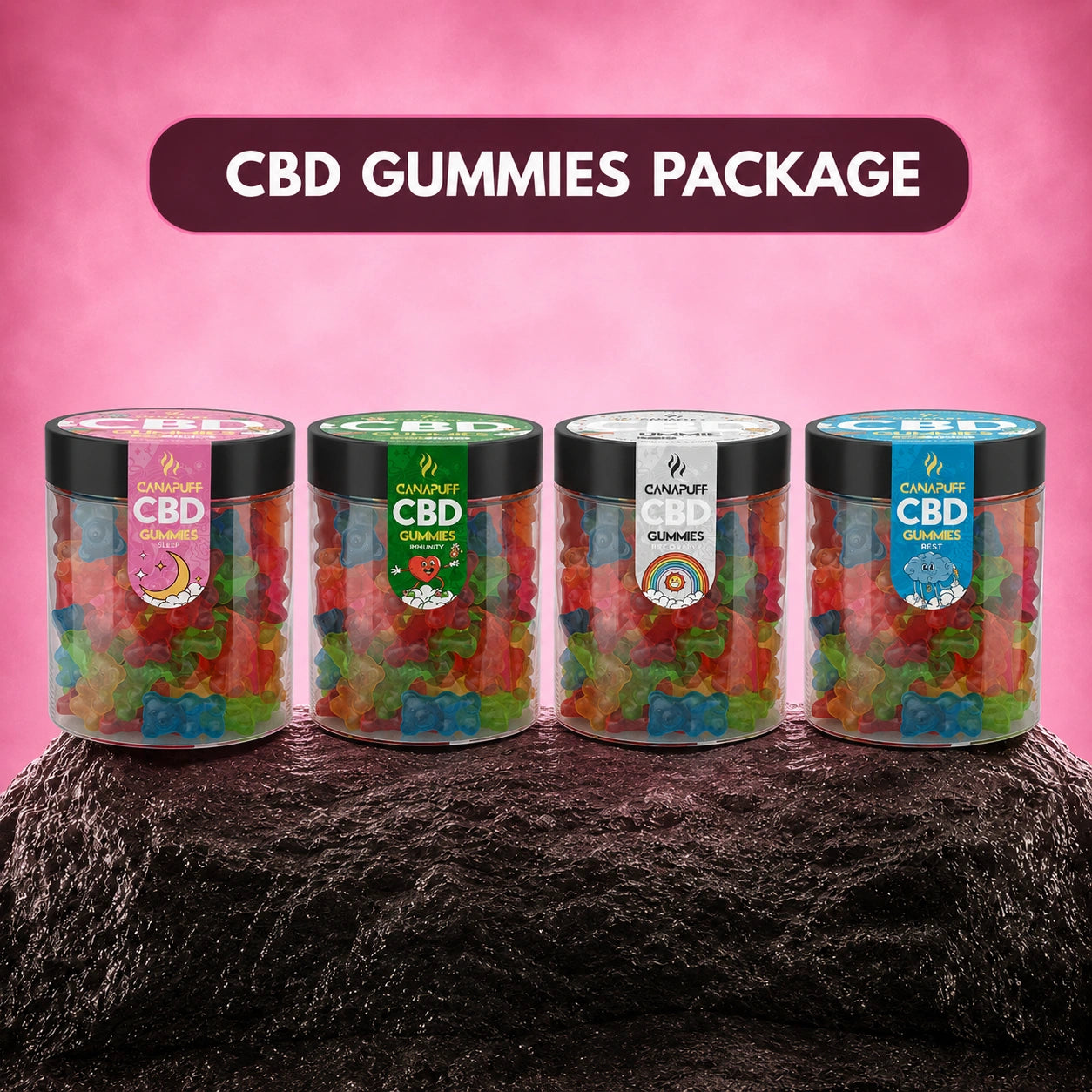Canapuff CBD gummies bundle, four jars with assorted flavors