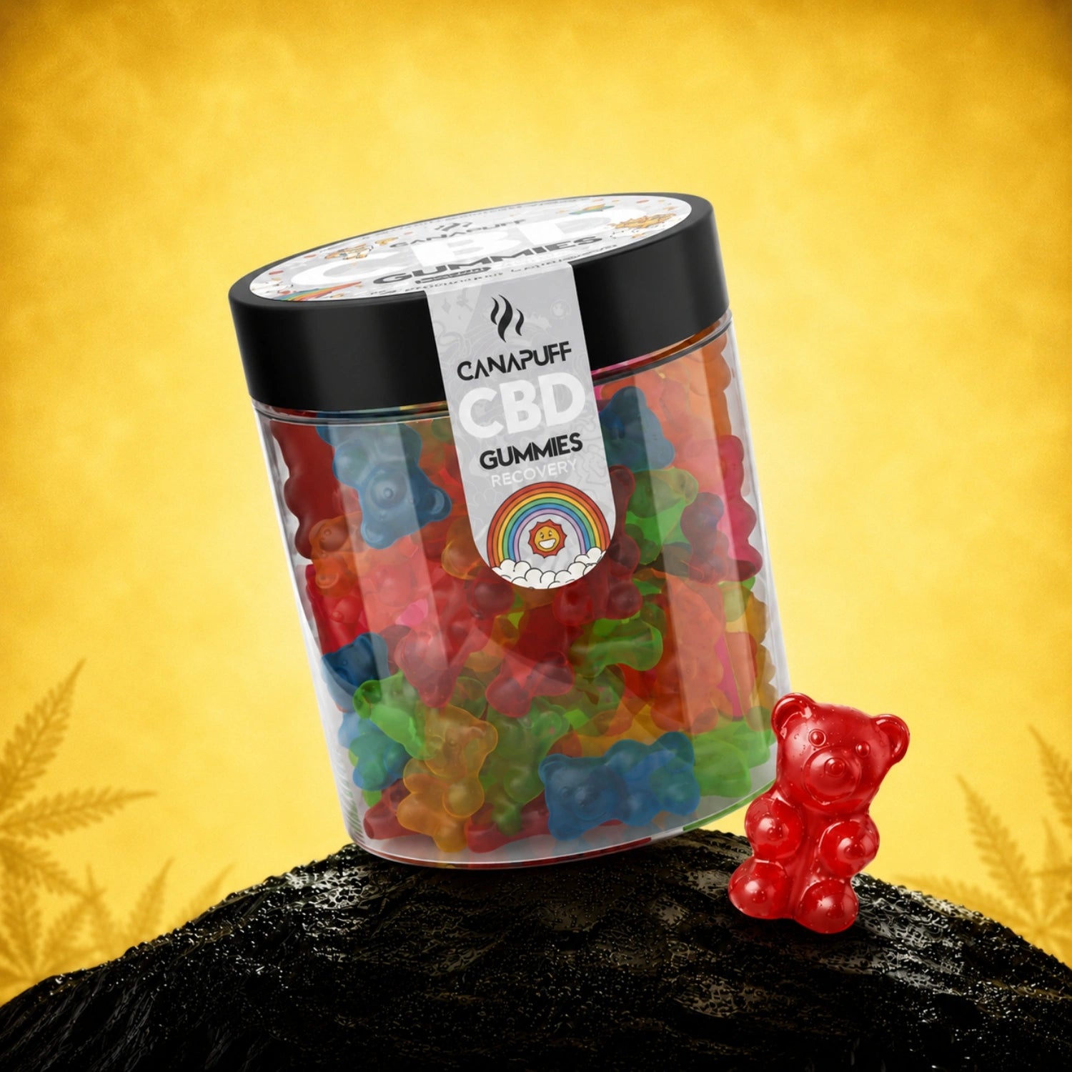 Canapuff CBD Gummies Recovery, colorful bear-shaped gummies in clear jar with black lid