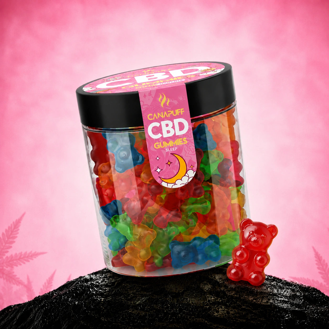 Canapuff CBD Gummies Sleep, colorful bear-shaped gummies in glass jar with black lid