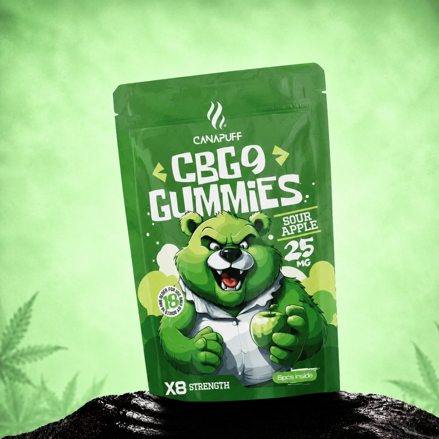 Canapuff CBG9 Gummies Sour Apple 25 mg, 5 pieces per pouch