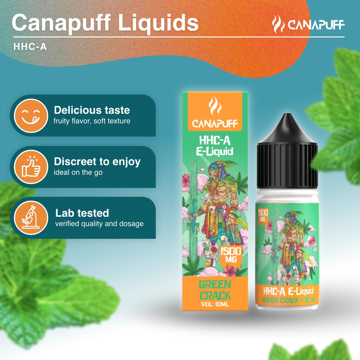 Canapuff HHC-A E-Liquid Green Crack 1500mg 10ml bottle with black dripper cap