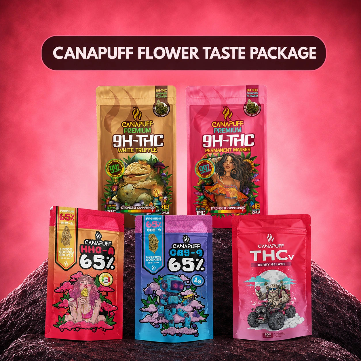 Canapuff Flower Taste Package with Delta-9 THC cannabis flowers in multiple flavors