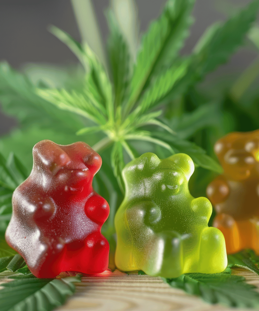 Gummies en forme d'ours avec des feuilles de Cannabis