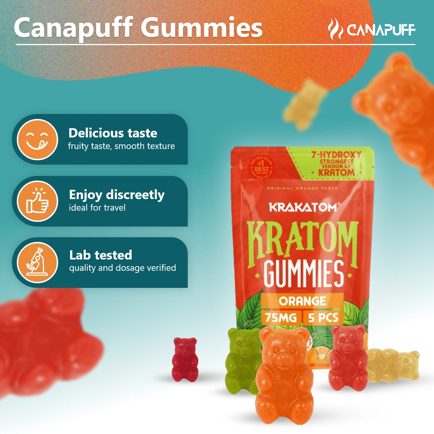7-Hydroxy Kratom Gummies Orange, 75 mg, 5 piece pouch