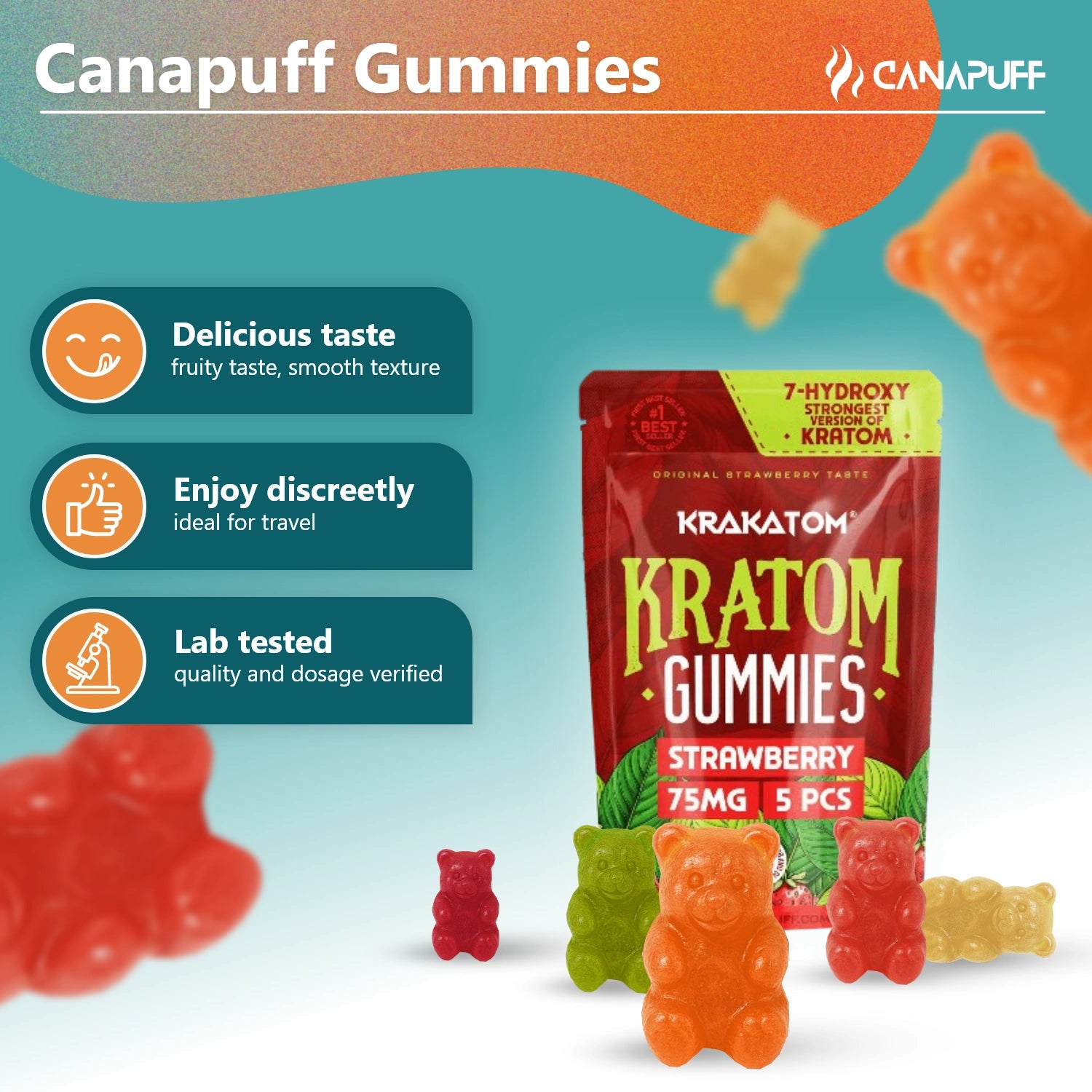 Kratom Gummies Strawberry 75 mg, 5 pieces pouch