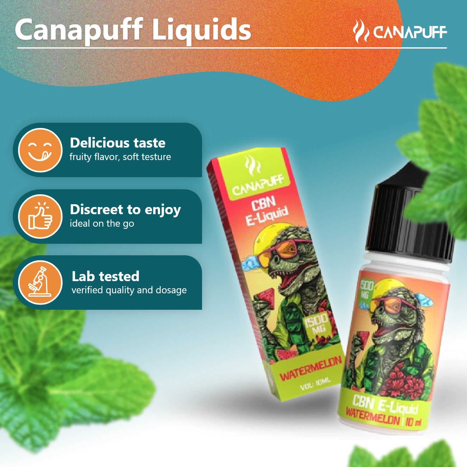 Canapuff CBN E-Liquid Watermelon 1500 mg, 10 ml bottle and 10 ml vape liquid
