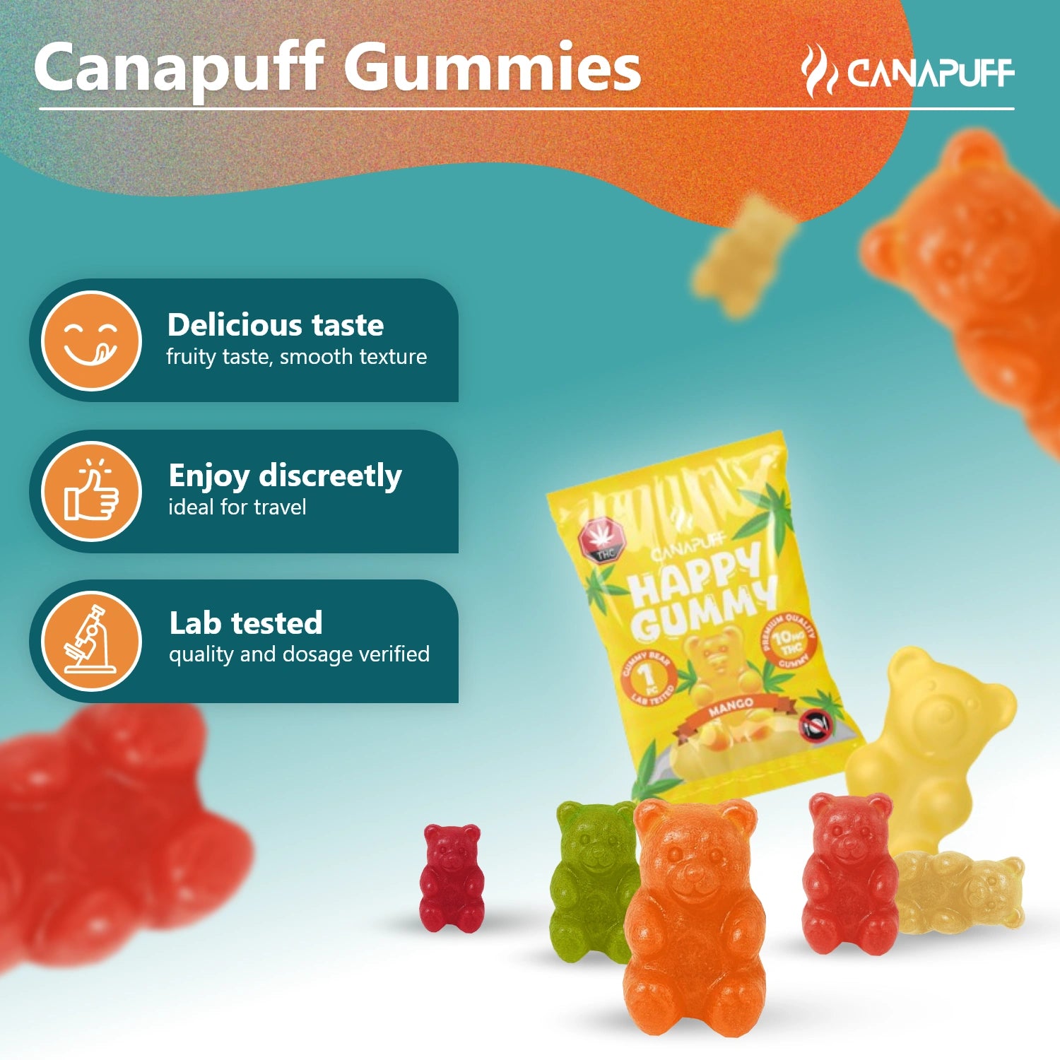 Canapuff Delta-9 Gummy Mango, hemp-derived gummies pouch with fruity flavor