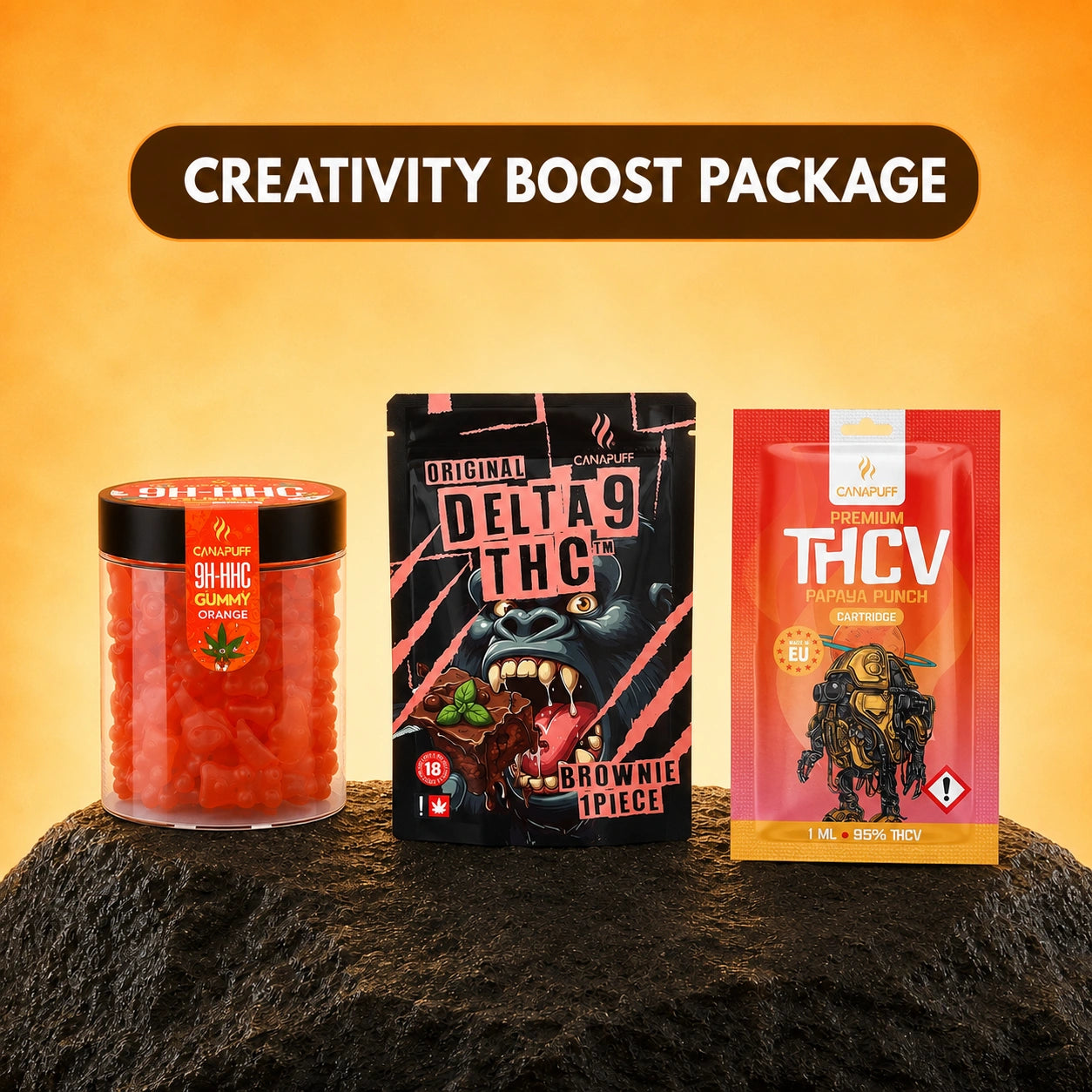 Canapuff Creativity Boost Package bundle with gummy, brownie and cartridge