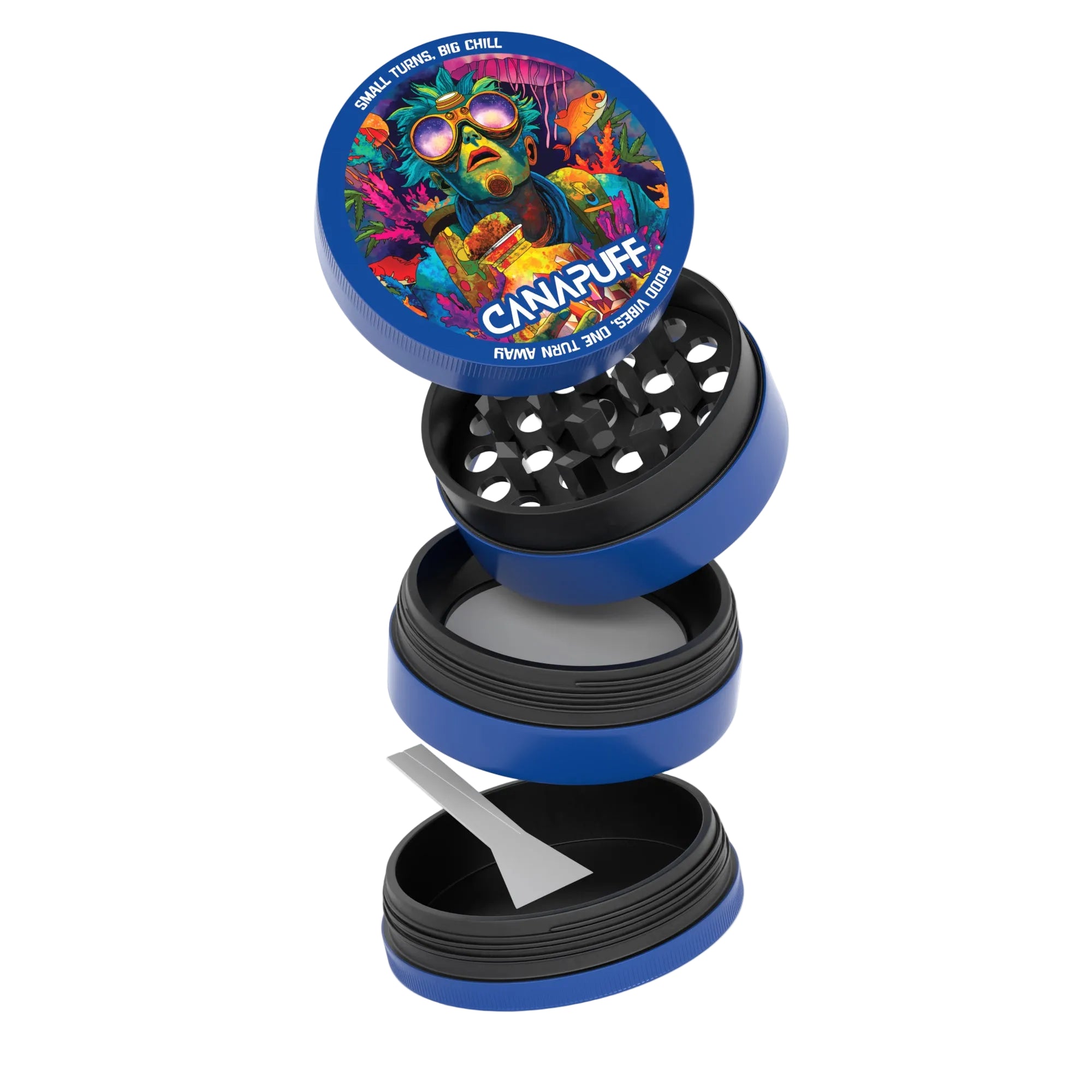 Canapuff Metal Grinder Deep, blue and black four-piece design with storage chamber