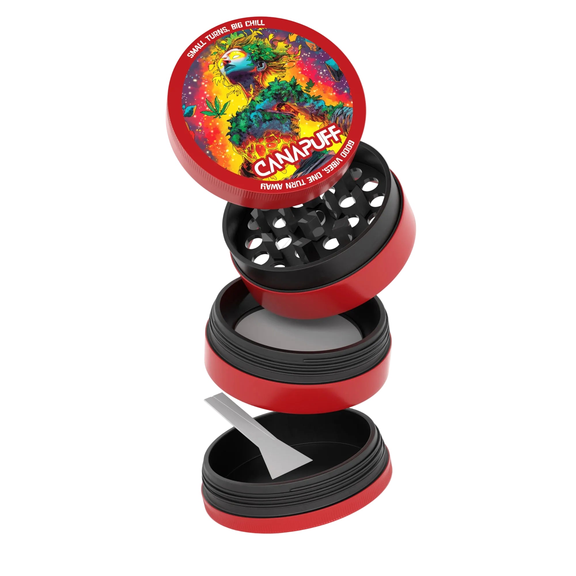 Canapuff Metal Grinder Euforic, red and black multi-chamber herb grinder