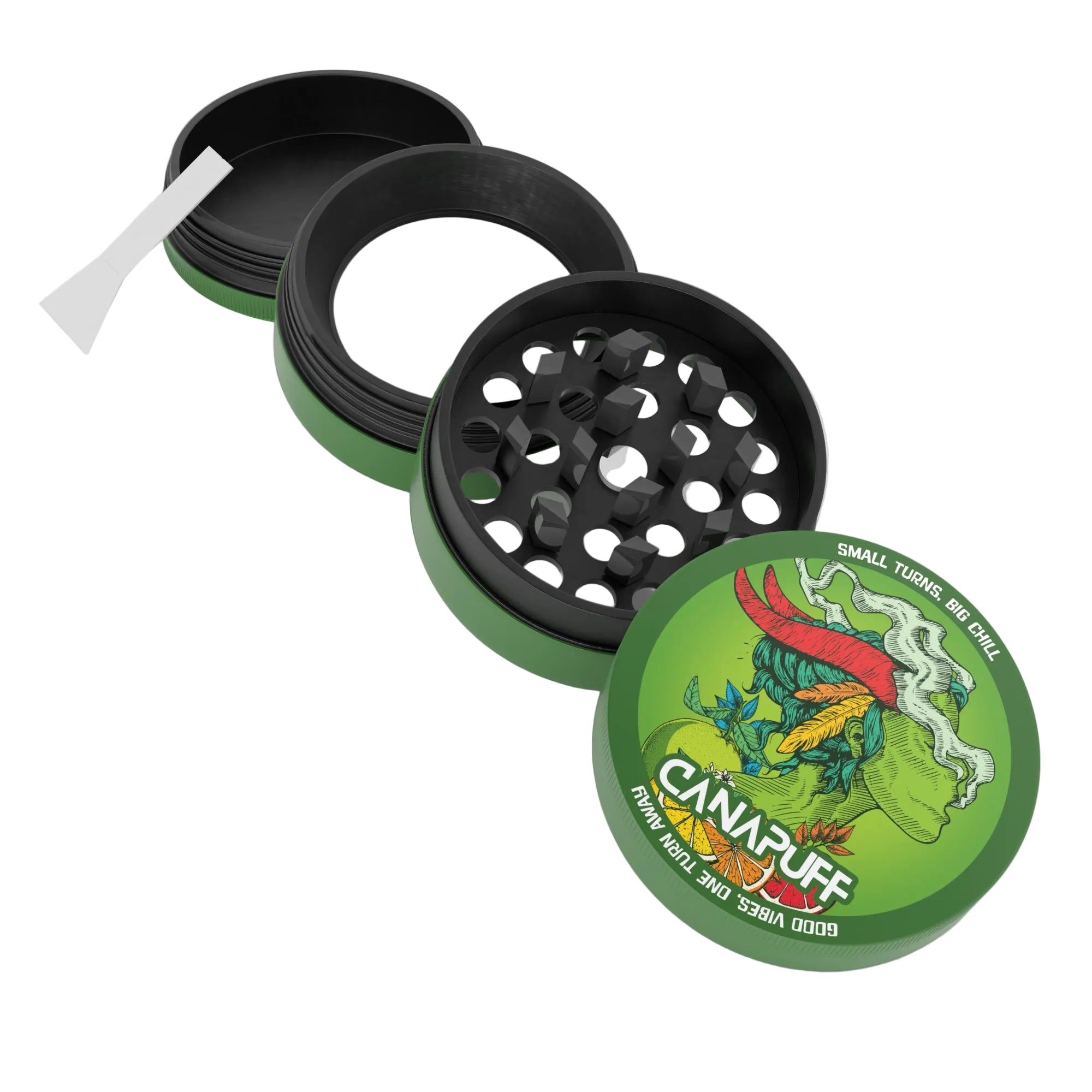 Canapuff Metal Grinder Green Crack, green and black herb grinder with kief catcher