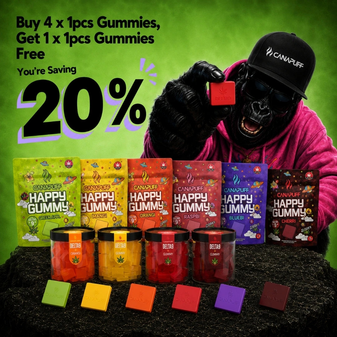 Canapuff Happy Gummy and Delta-9 Gummy bundle promotion with multiple flavor options