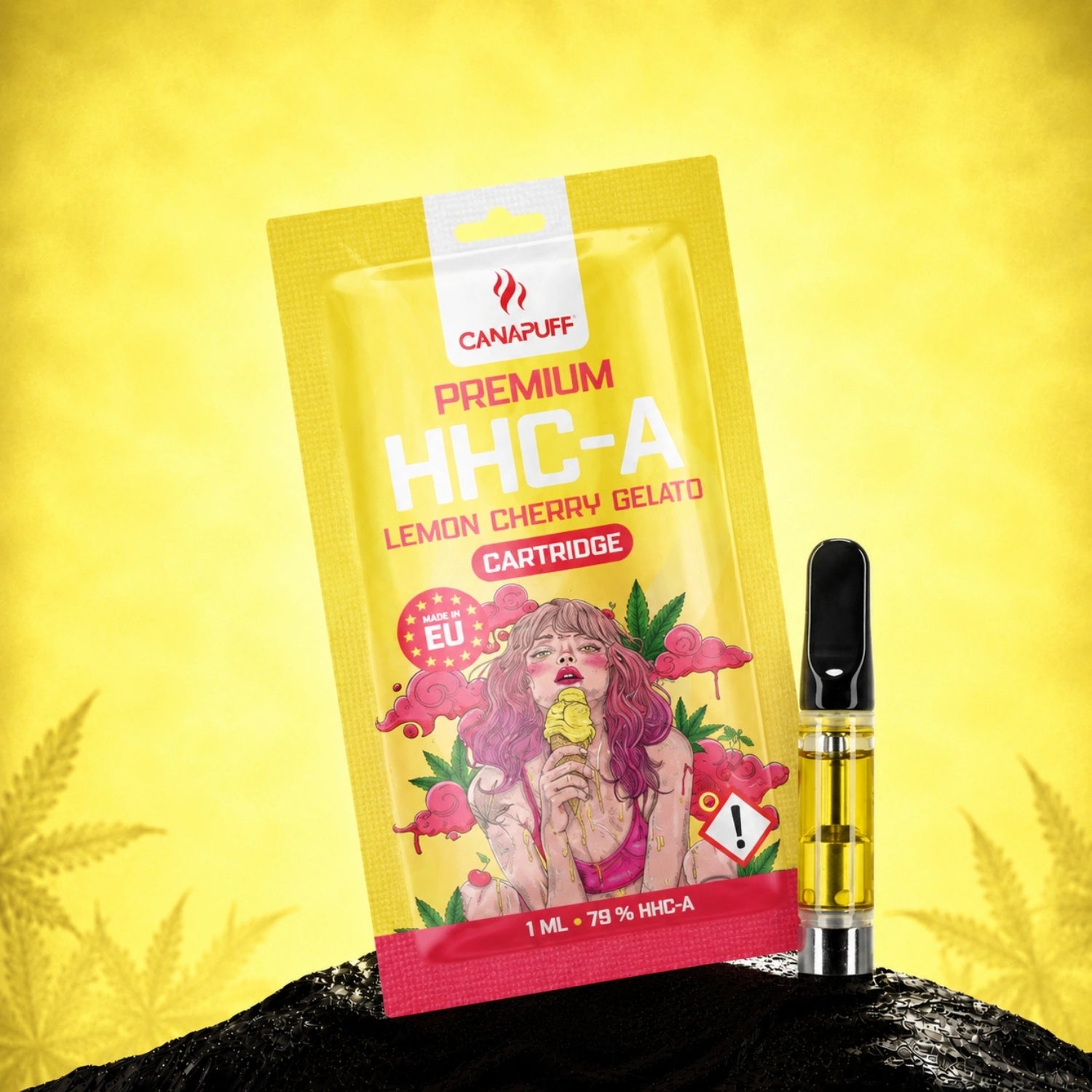Canapuff HHC-A Lemon Cherry Gelato cartridge, 1 ml, 79% with packaging and vape pen