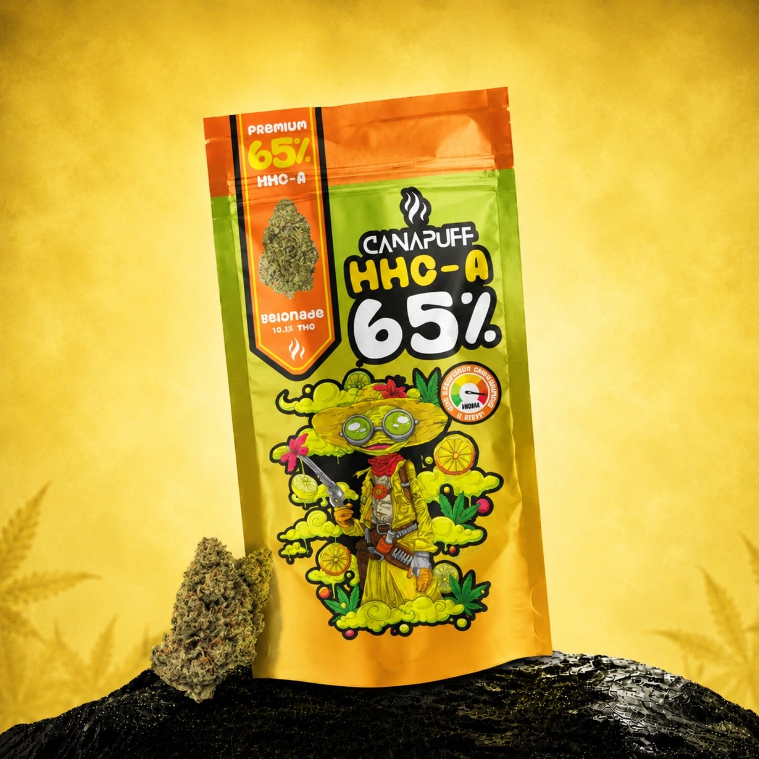 Canapuff HHC-A Flowers Gelonade 65% pouch on yellow background with cannabis buds