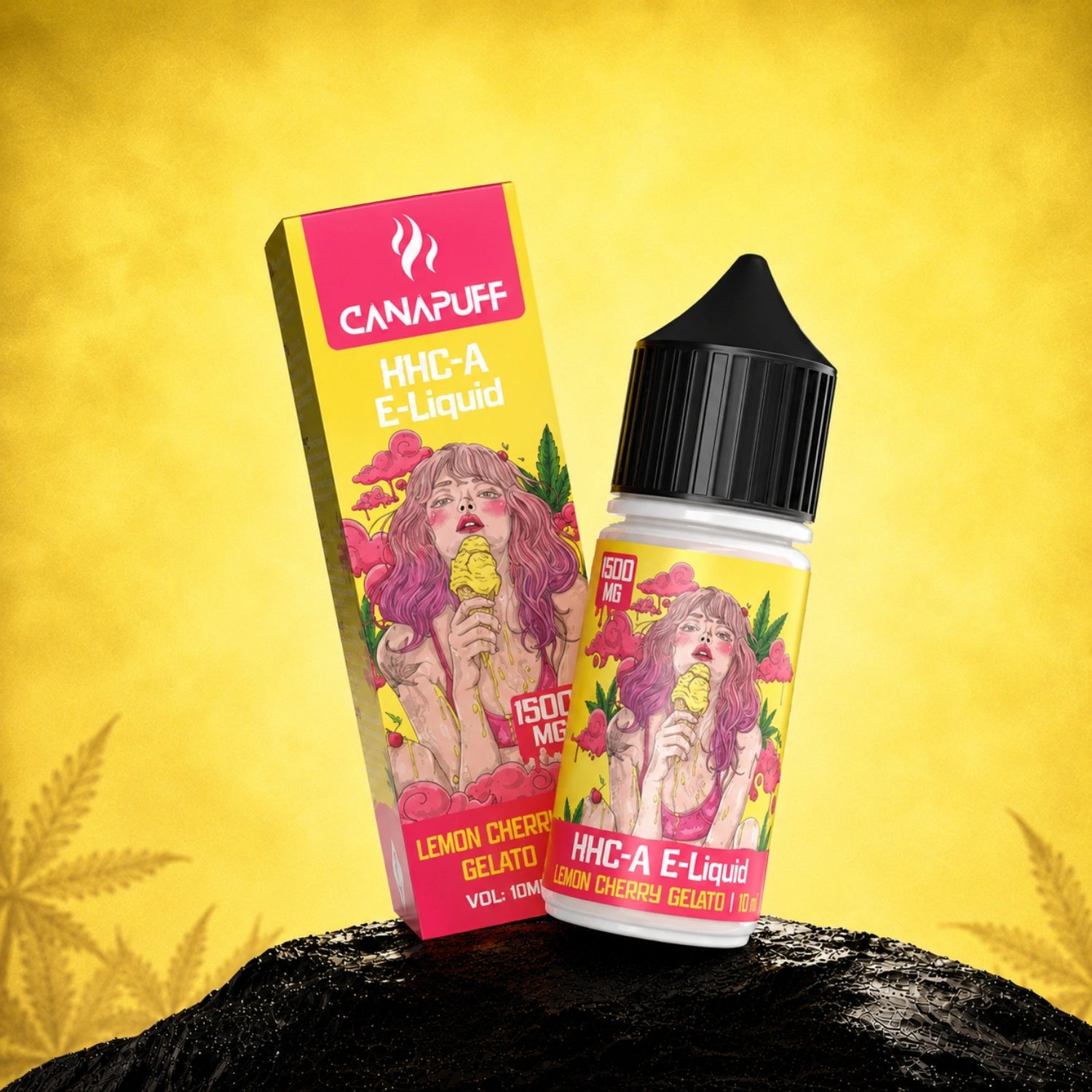 Canapuff HHC-A E-Liquid Lemon Cherry Gelato 1500mg, 10ml bottle with box packaging