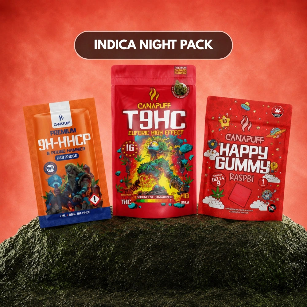 Canapuff Indica Night Pack bundle with T9HC flowers, Happy Gummy raspberries, and cartridge