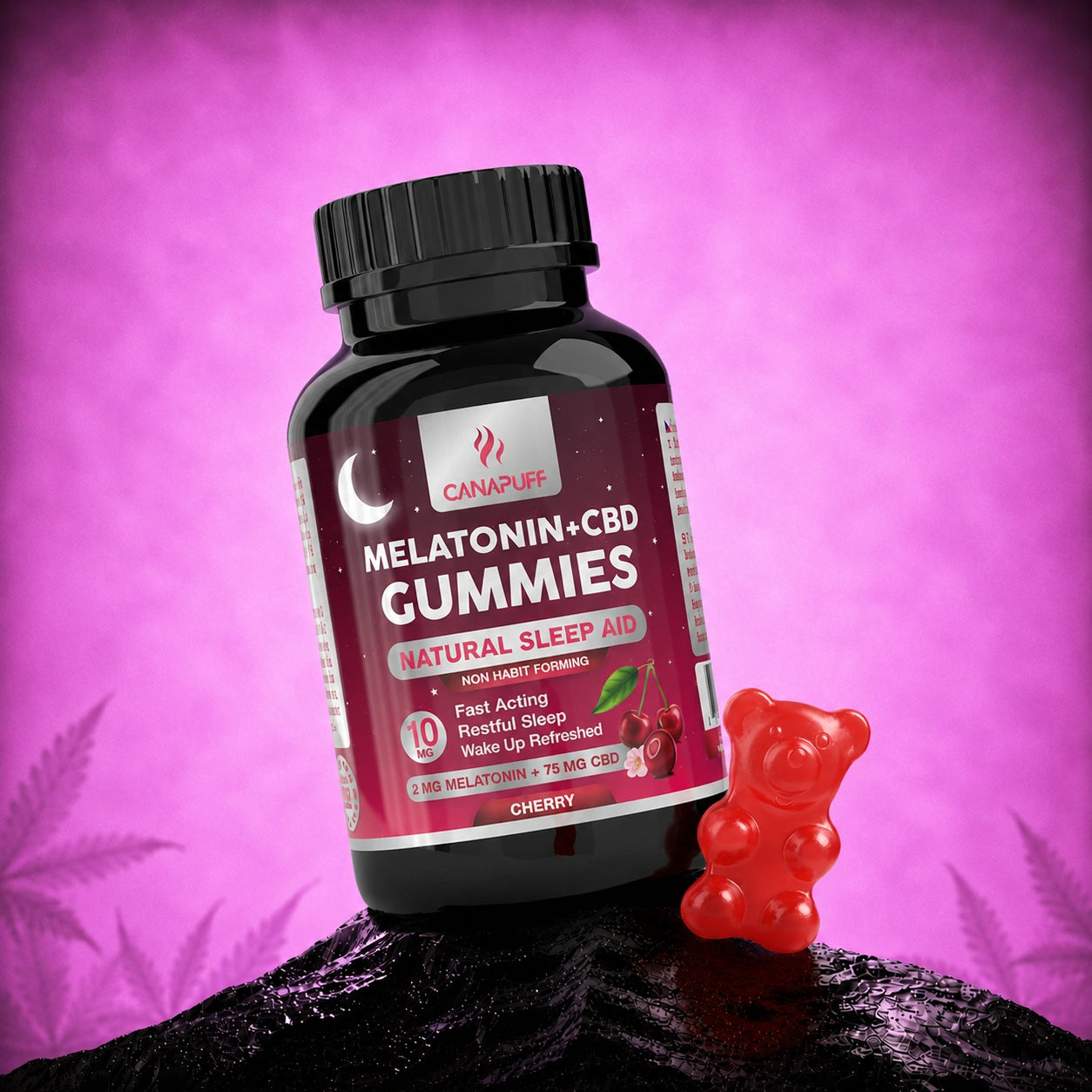 Canapuff Melatonin+CBD Gummies Cherry, 2 mg melatonin plus 75 mg CBD, 10 count bottle