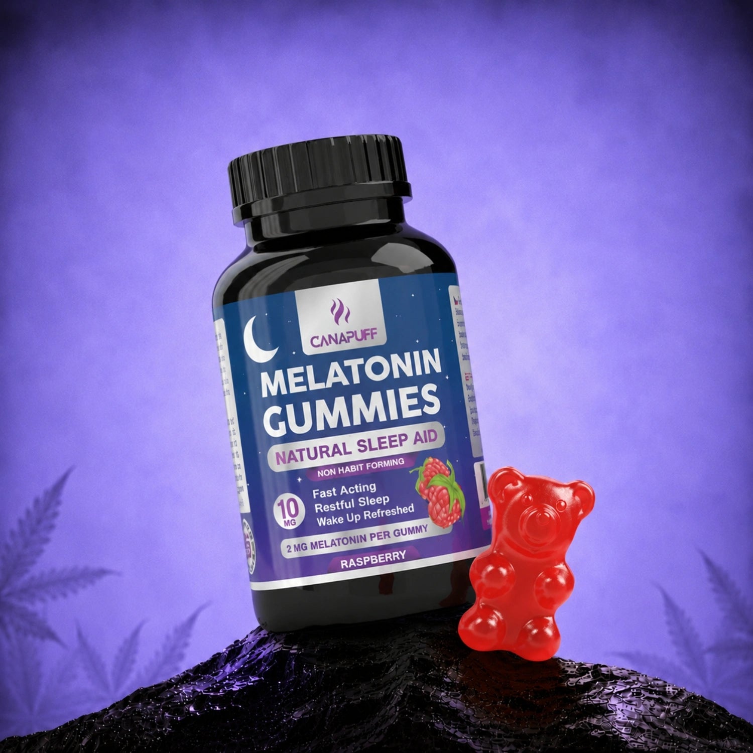 Canapuff Melatonin Gummies Raspberry, 10 mg bottle with gummy display