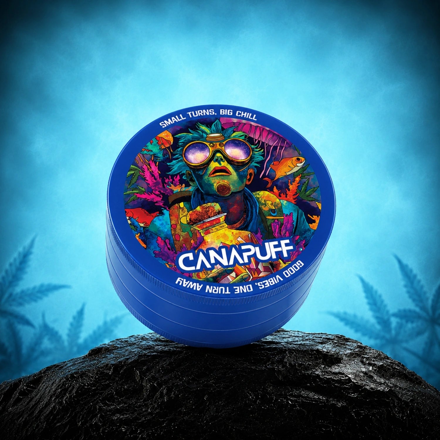Canapuff Metal Grinder Deep, blue grinder with colorful artwork