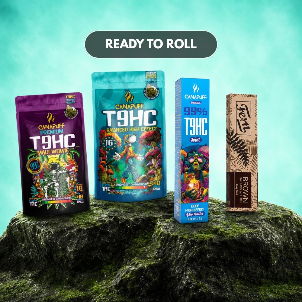 Canapuff T9HC flowers, joints and hash products displayed on mossy rock with turquoise background