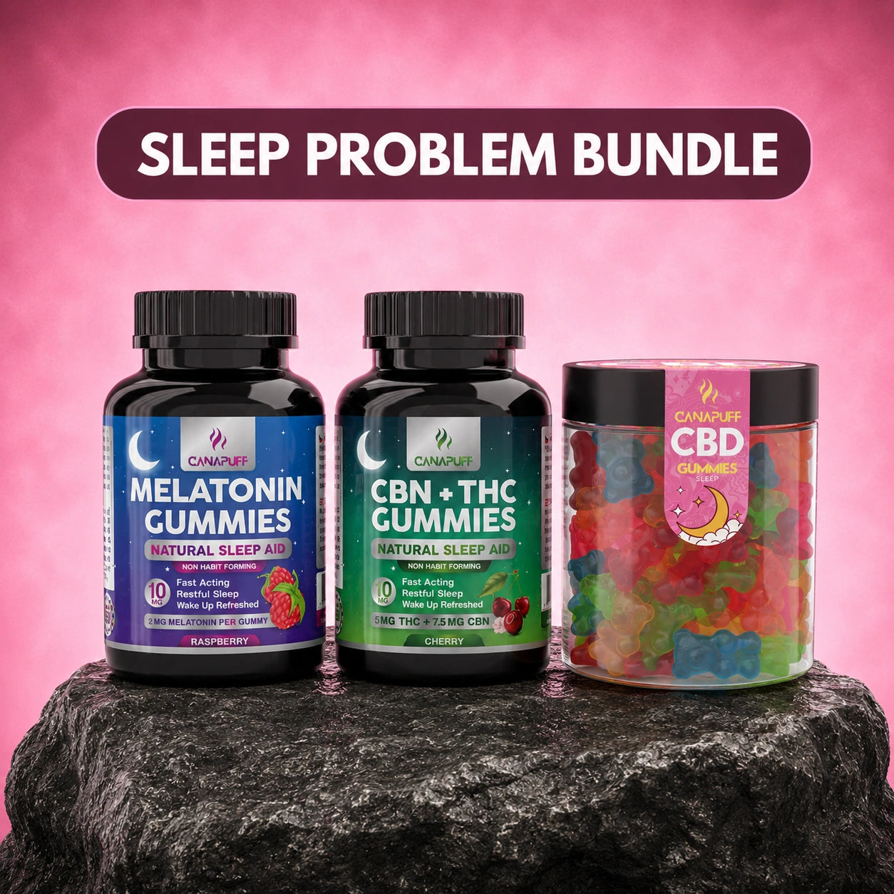 Canapuff Sleep Problem Bundle with Melatonin gummies, CBN plus THC gummies, and CBD gummies