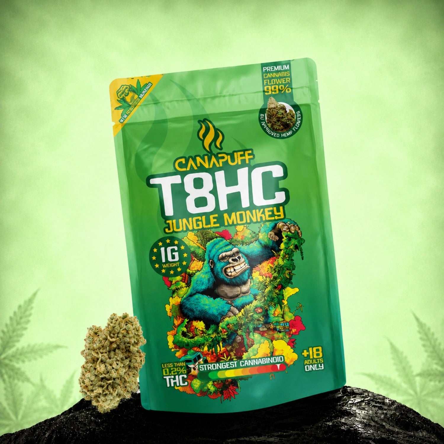 Canapuff T8HC Jungle Monkey flowers, 1g pouch, 99% cannabinoid strength
