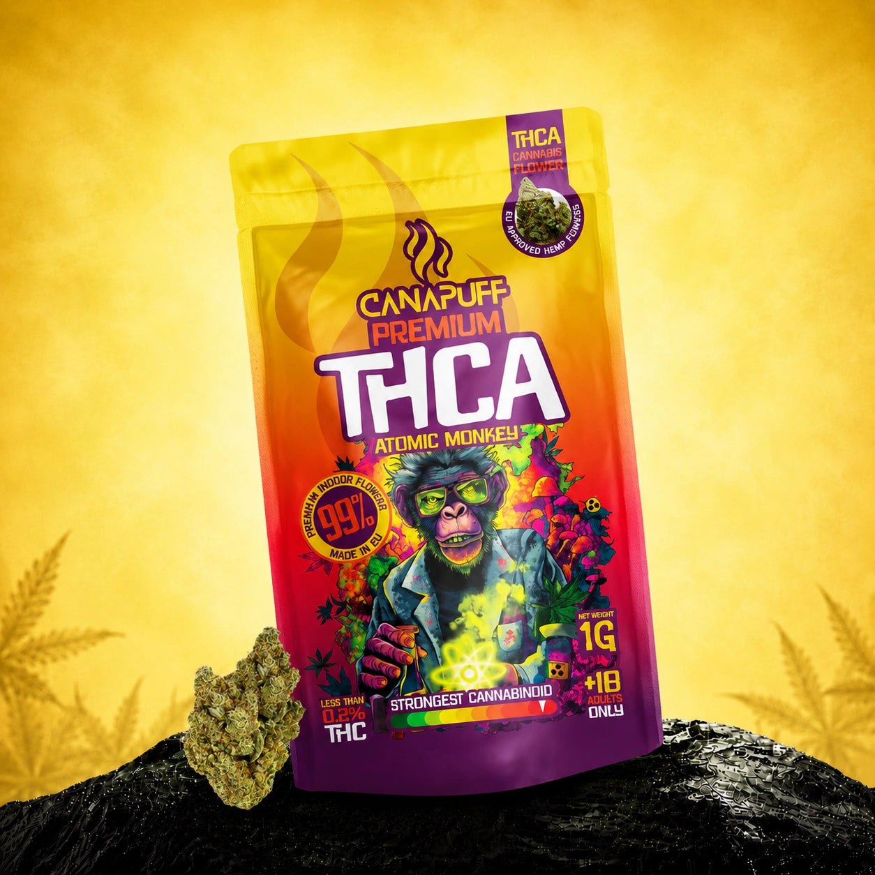 Canapuff THCA Atomic Monkey flowers 99%, 1g pouch
