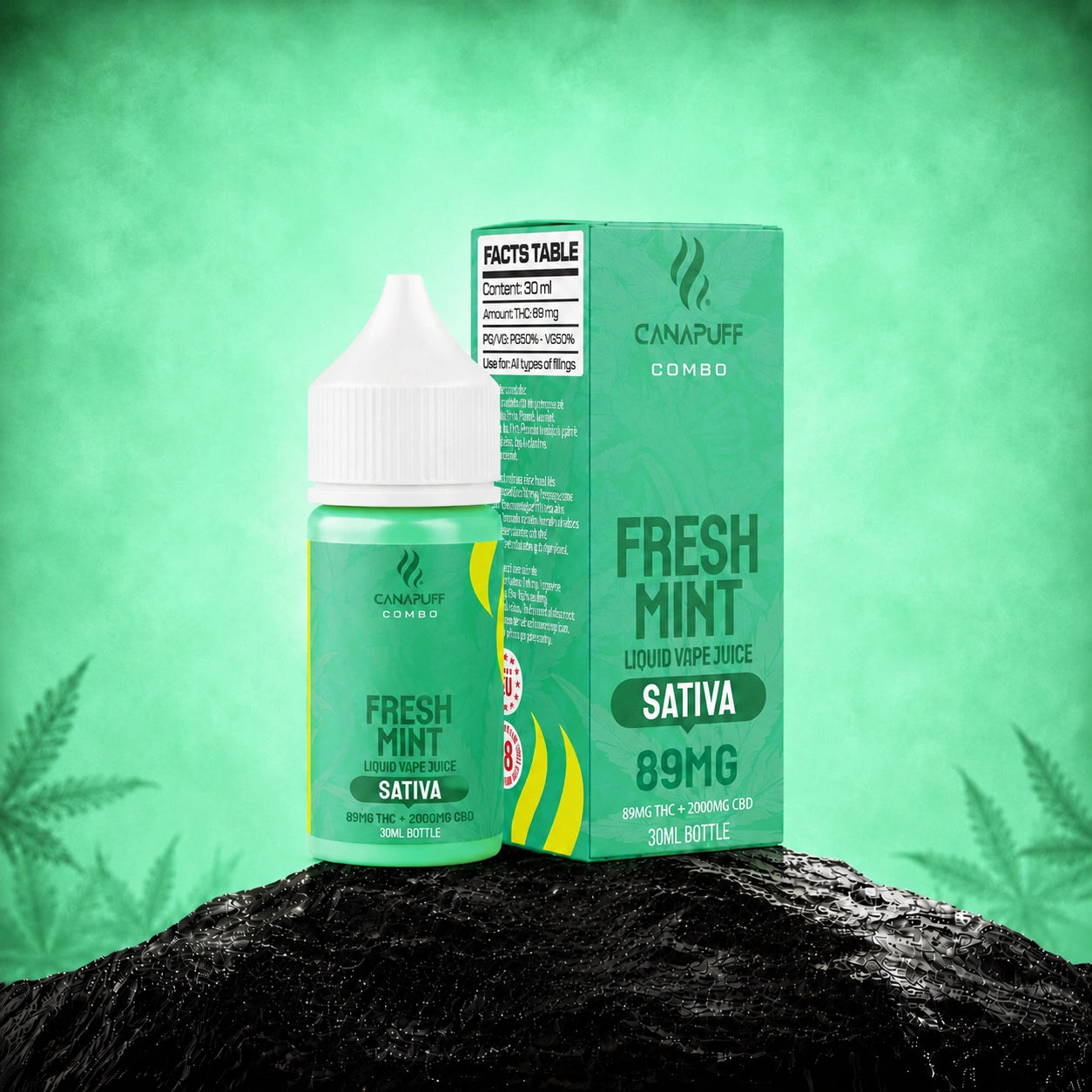 Canapuff Combo Fresh Mint vape liquid, 89mg Delta-9 THC, 2000mg CBD, 30ml bottle