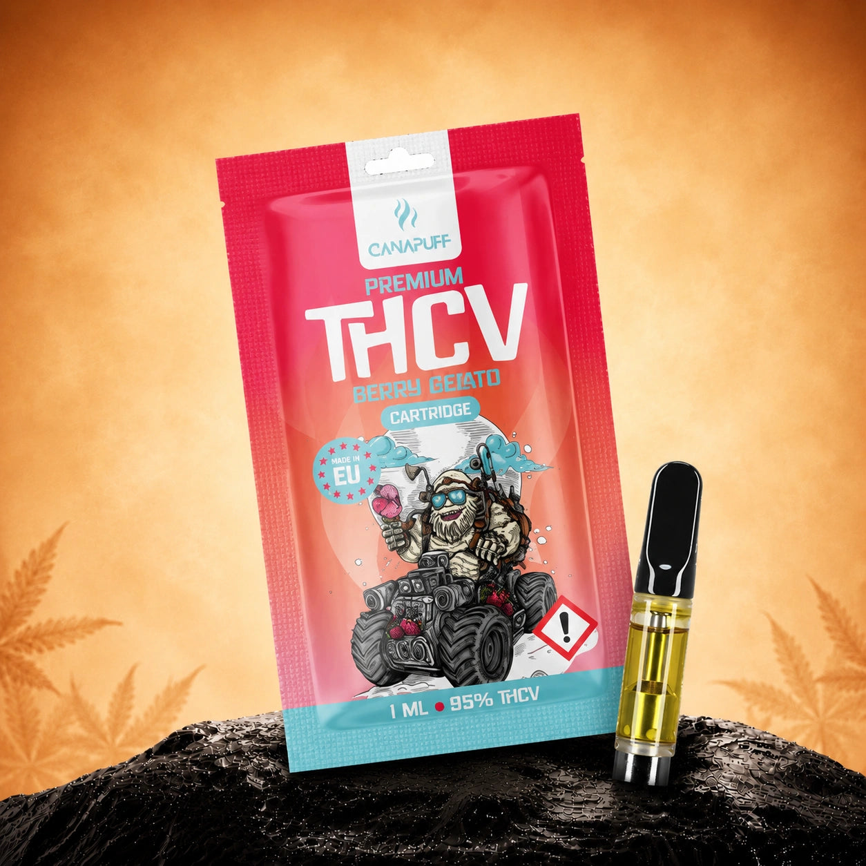 Canapuff THCv Berry Gelato 95% cartridge, 1 ml, with packaging and mouthpiece