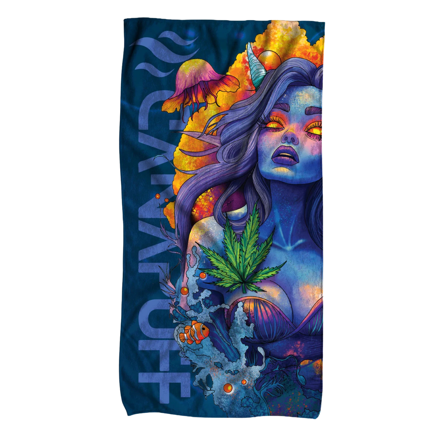 Canapuff Blue Dream towel with colorful psychedelic illustration